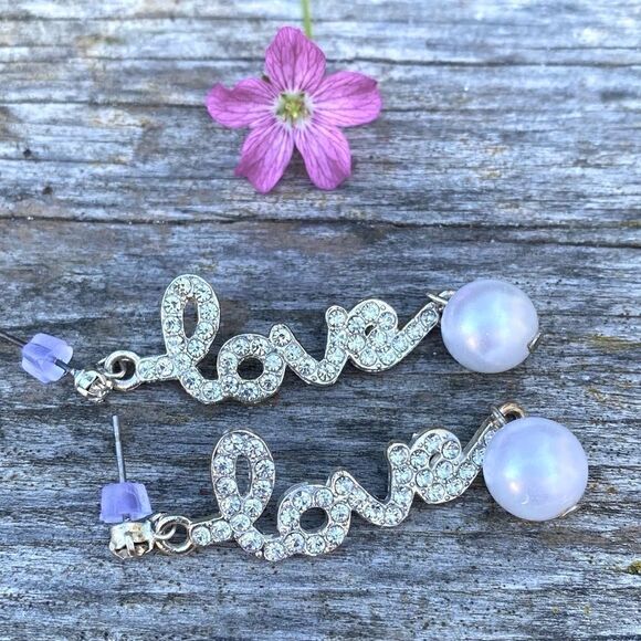 Handmade "Love" Earrings w/Rhinestones and Faux Pearl. New! - Picture 1 of 3